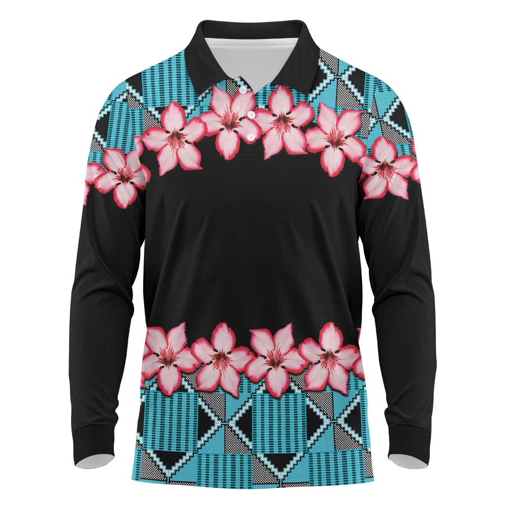 African Adenium Multiflorum Flowers Long Sleeve Polo Shirt with Kente Style