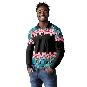 African Adenium Multiflorum Flowers Long Sleeve Polo Shirt with Kente Style