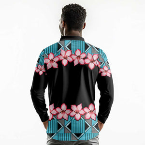 African Adenium Multiflorum Flowers Long Sleeve Polo Shirt with Kente Style