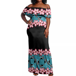 African Adenium Multiflorum Flowers Off Shoulder Maxi Dress with Kente Style