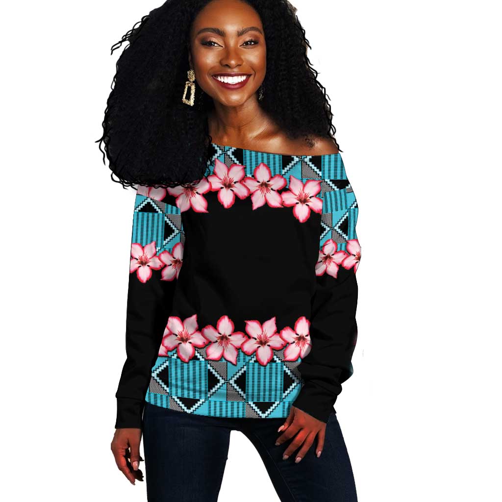 African Adenium Multiflorum Flowers Off Shoulder Sweater with Kente Style