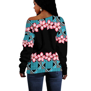 African Adenium Multiflorum Flowers Off Shoulder Sweater with Kente Style