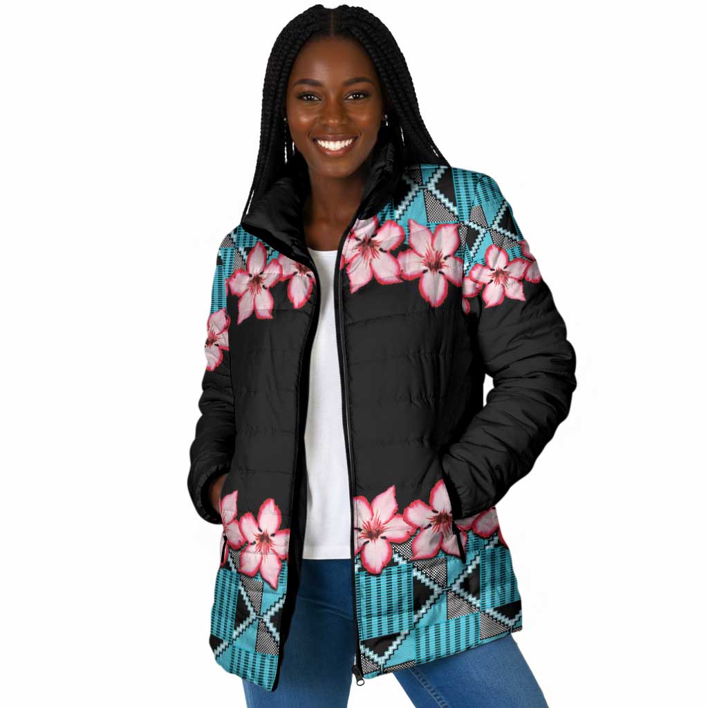 African Adenium Multiflorum Flowers Padded Jacket with Kente Style