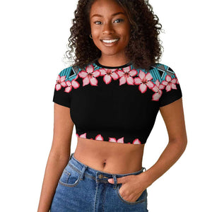 African Adenium Multiflorum Flowers Raglan Cropped T shirt with Kente Style