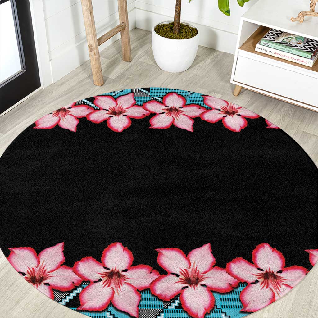 African Adenium Multiflorum Flowers Round Carpet with Kente Style