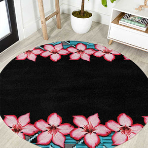 African Adenium Multiflorum Flowers Round Carpet with Kente Style