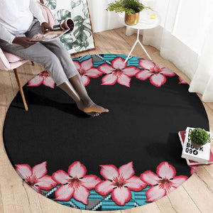 African Adenium Multiflorum Flowers Round Carpet with Kente Style