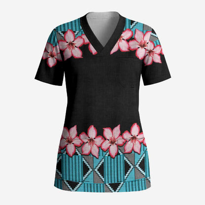 African Adenium Multiflorum Flowers Scrub Top with Kente Style
