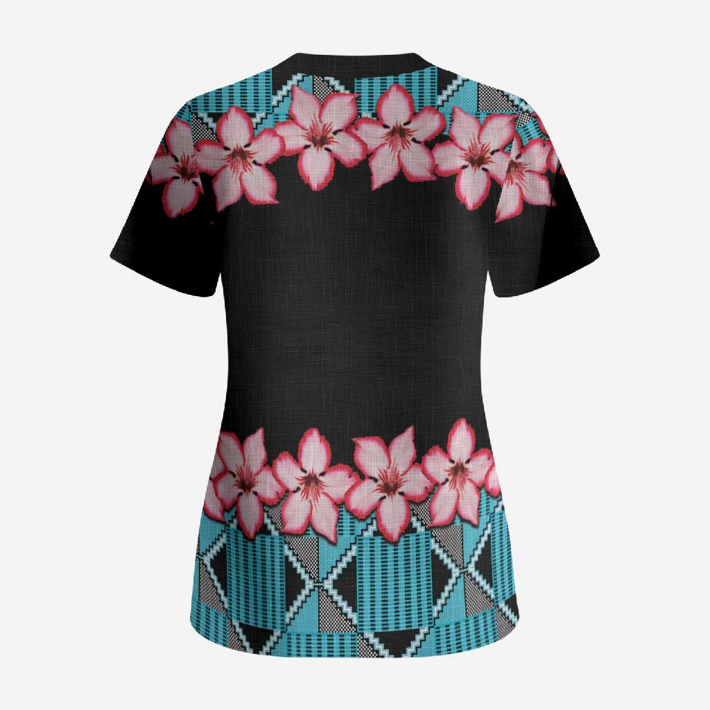 African Adenium Multiflorum Flowers Scrub Top with Kente Style