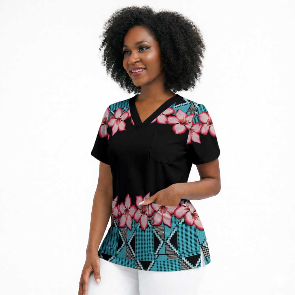 African Adenium Multiflorum Flowers Scrub Top with Kente Style