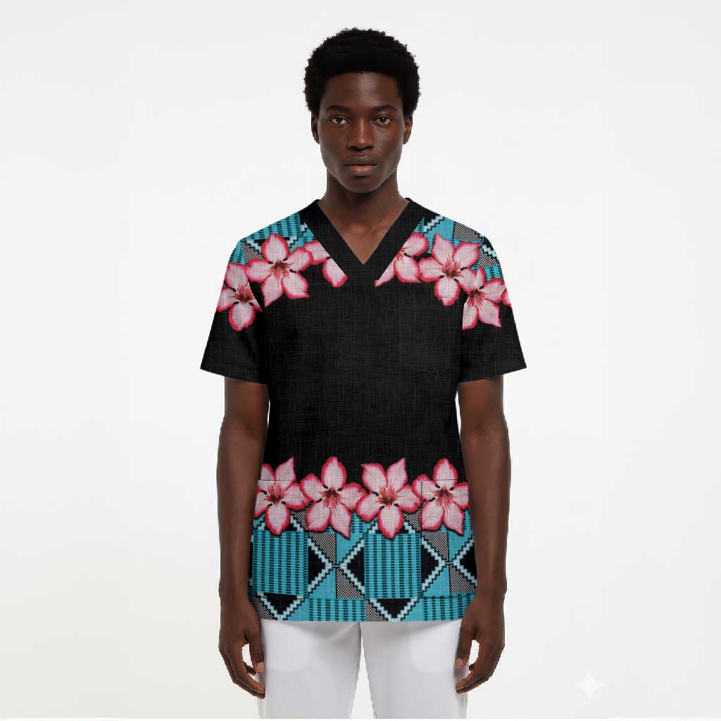 African Adenium Multiflorum Flowers Scrub Top with Kente Style