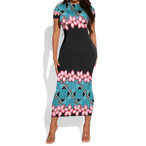 African Adenium Multiflorum Flowers Short Sleeve Bodycon Dress with Kente Style