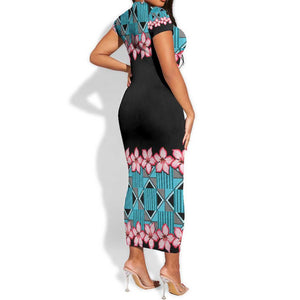 African Adenium Multiflorum Flowers Short Sleeve Bodycon Dress with Kente Style