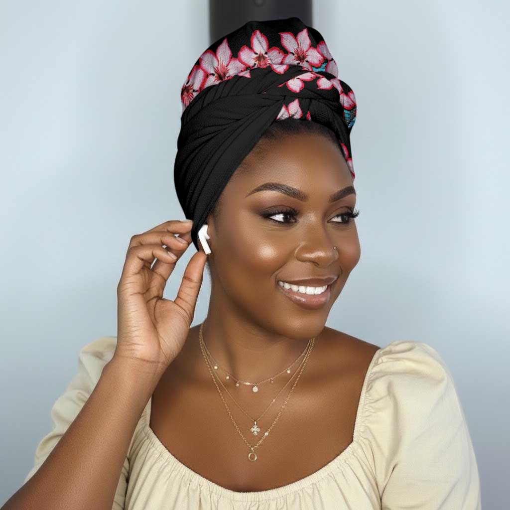 African Adenium Multiflorum Flowers Simple Headwrap Kente Style