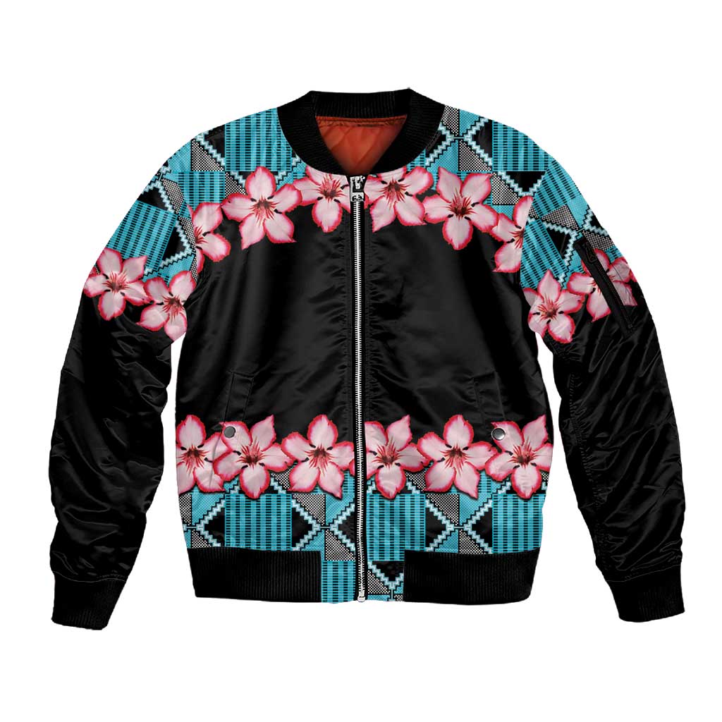 African Adenium Multiflorum Flowers Sleeve Zip Bomber Jacket with Kente Style