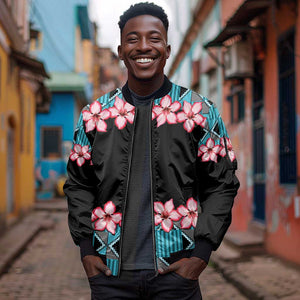 African Adenium Multiflorum Flowers Sleeve Zip Bomber Jacket with Kente Style