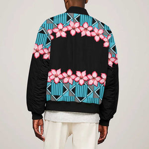 African Adenium Multiflorum Flowers Sleeve Zip Bomber Jacket with Kente Style