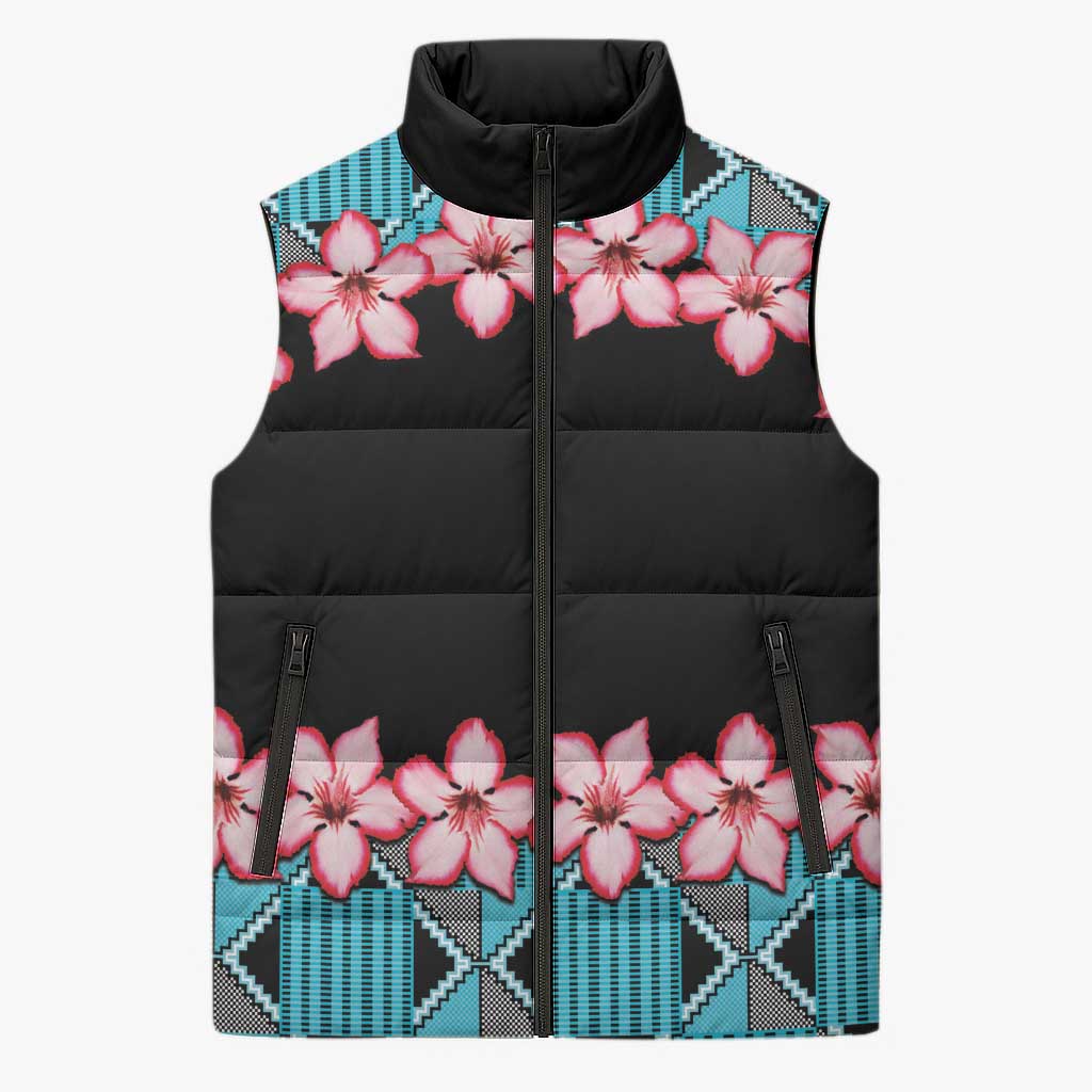 African Adenium Multiflorum Flowers Sleeveless Puffer Jacket with Kente Style