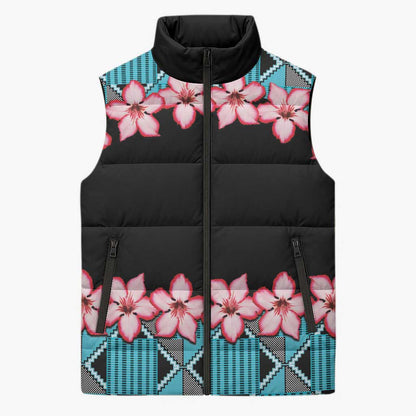 African Adenium Multiflorum Flowers Sleeveless Puffer Jacket with Kente Style