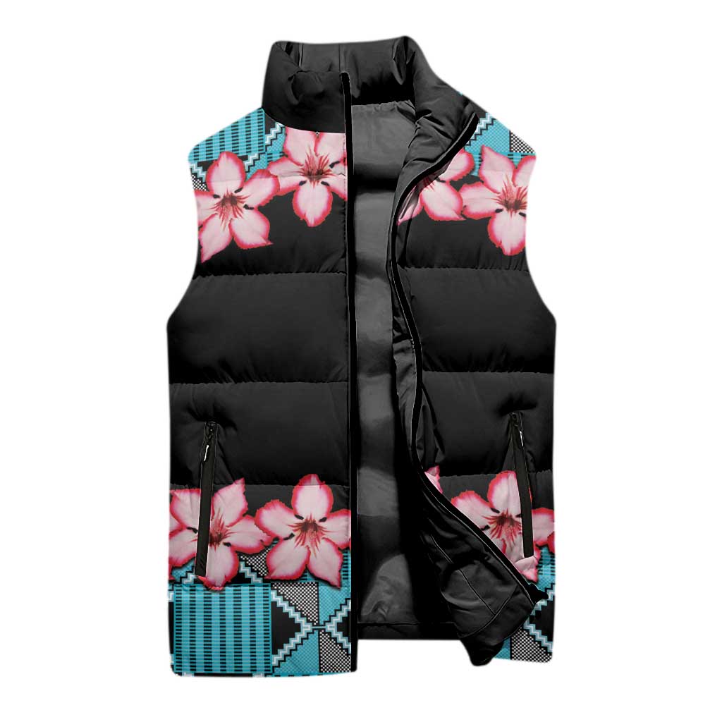 African Adenium Multiflorum Flowers Sleeveless Puffer Jacket with Kente Style