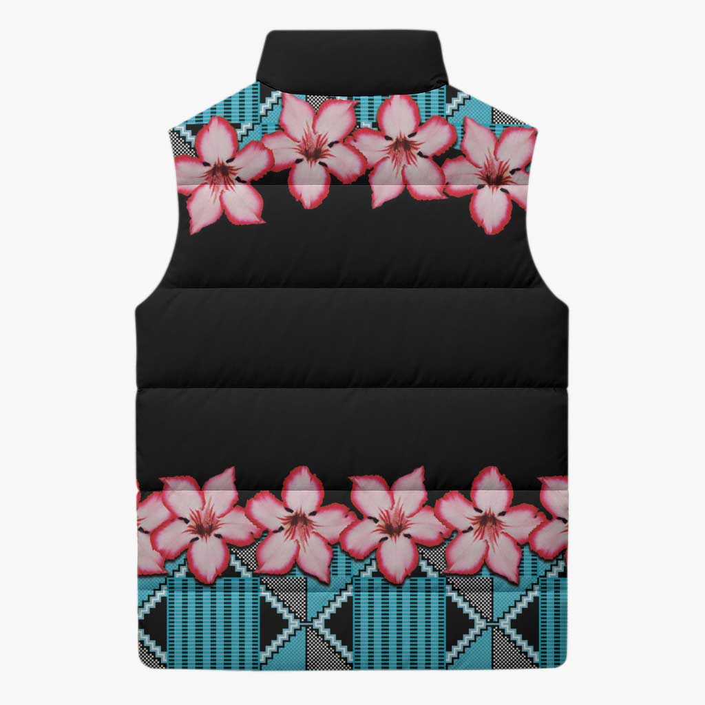 African Adenium Multiflorum Flowers Sleeveless Puffer Jacket with Kente Style