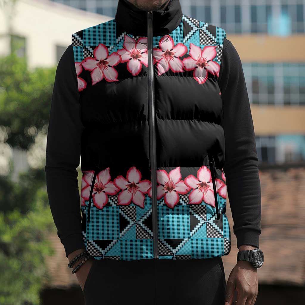 African Adenium Multiflorum Flowers Sleeveless Puffer Jacket with Kente Style