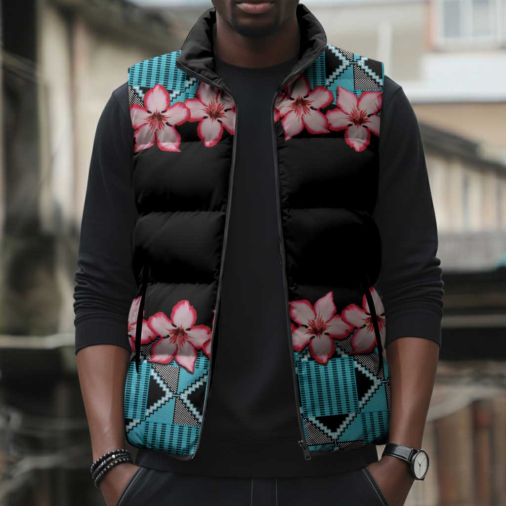 African Adenium Multiflorum Flowers Sleeveless Puffer Jacket with Kente Style