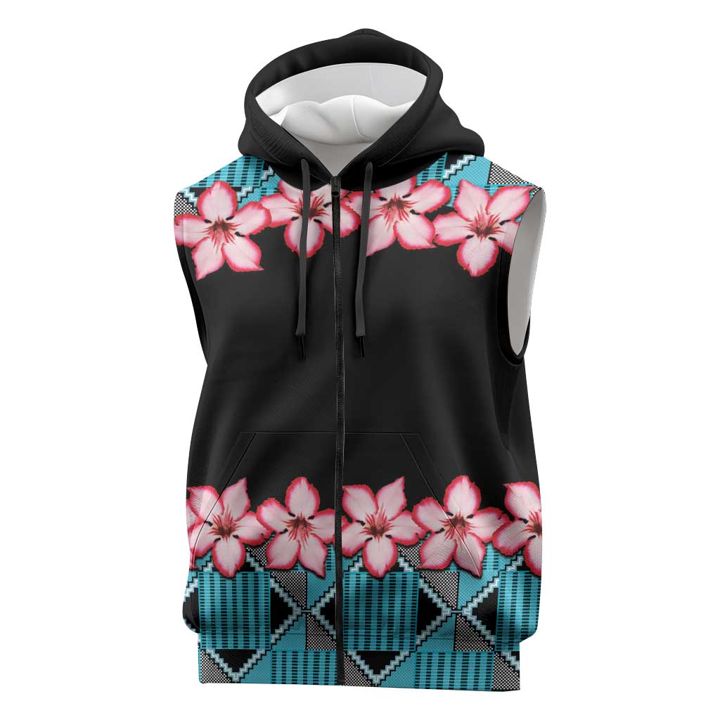 African Adenium Multiflorum Flowers Sleeveless Zip Hoodie with Kente Style - African Pride