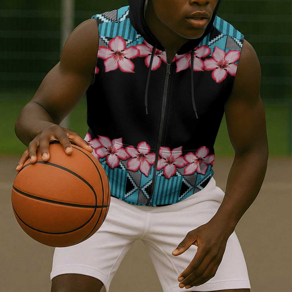 African Adenium Multiflorum Flowers Sleeveless Zip Hoodie with Kente Style - African Pride