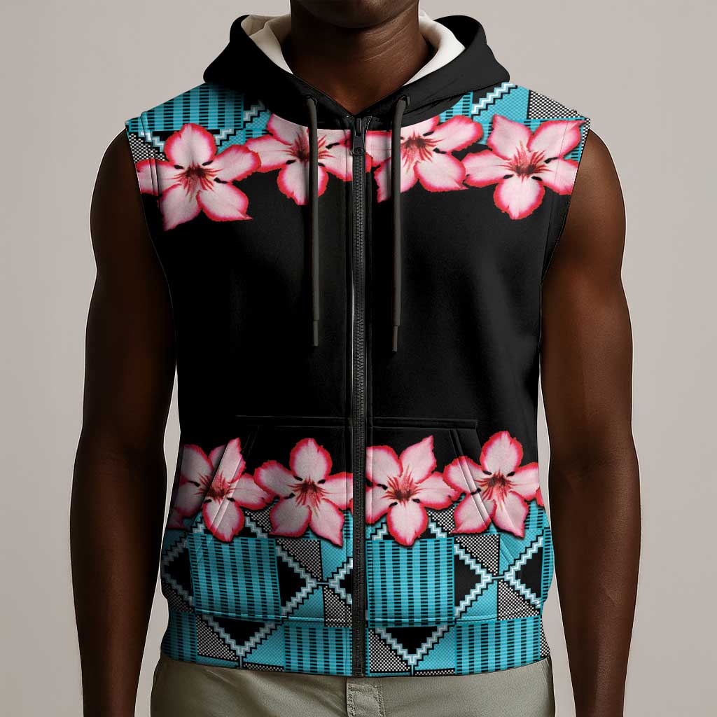 African Adenium Multiflorum Flowers Sleeveless Zip Hoodie with Kente Style - African Pride