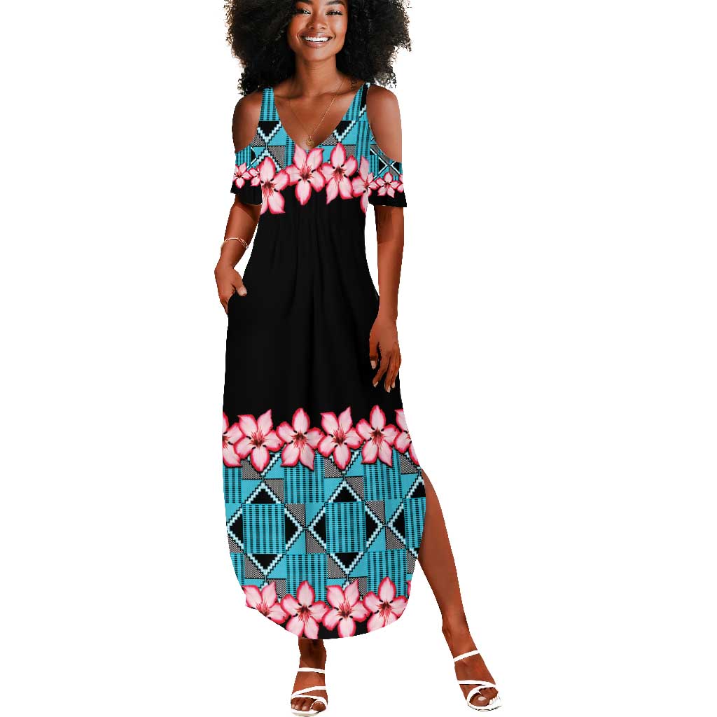 African Adenium Multiflorum Flowers Summer Maxi Dress with Kente Style