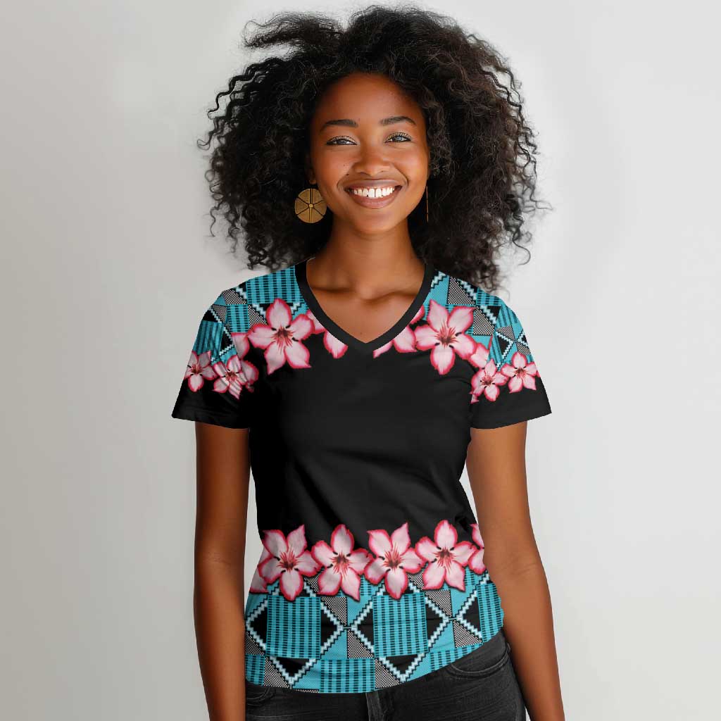 African Adenium Multiflorum Flowers Women V-Neck T-Shirt with Kente Style