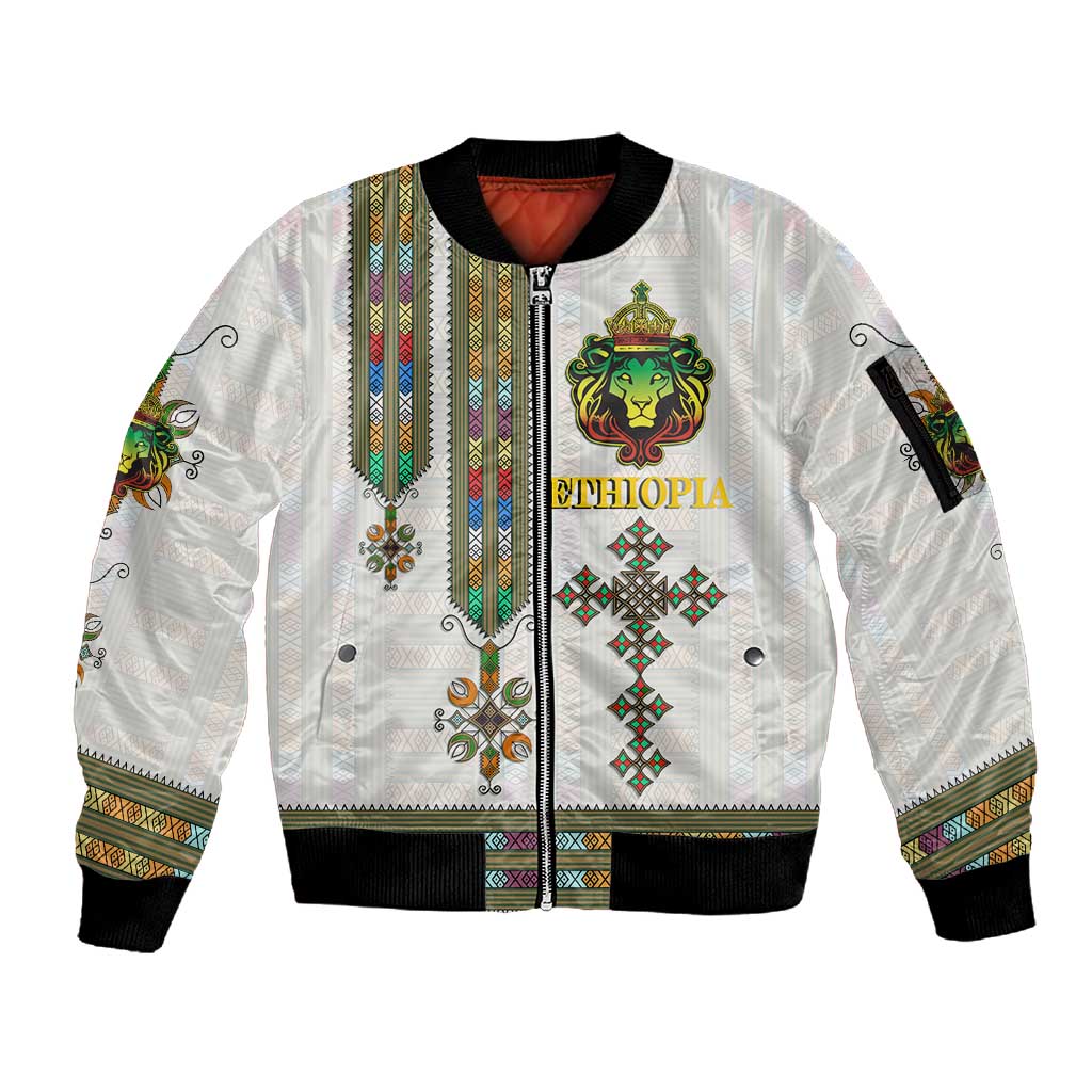 Personalized Ethiopia Lion Of Judah Sleeve Zip Bomber Jacket Tibeb Style