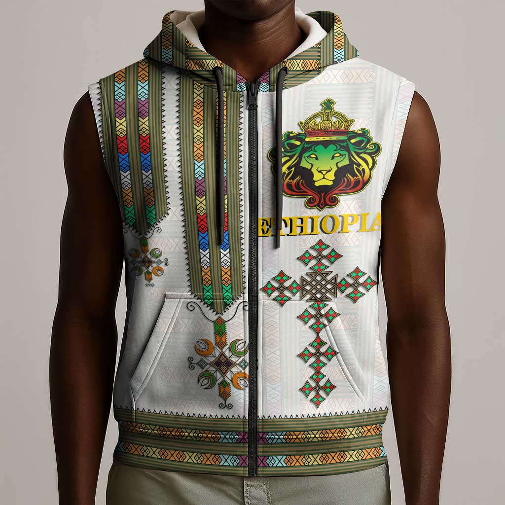 Personalized Ethiopia Lion Of Judah Sleeveless Zip Hoodie Tibeb Style - African Pride