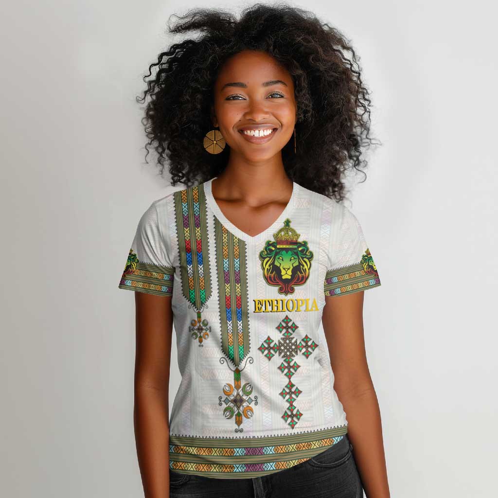 Personalized Ethiopia Lion Of Judah Women V-Neck T-Shirt Tibeb Style