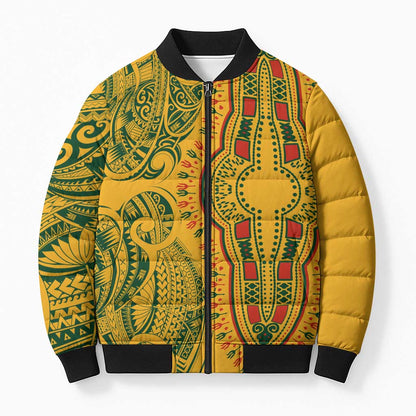 Dashiki and Polynesian Pattern Bomber Puffer Jacket Afro Pacific Culture Gold Version