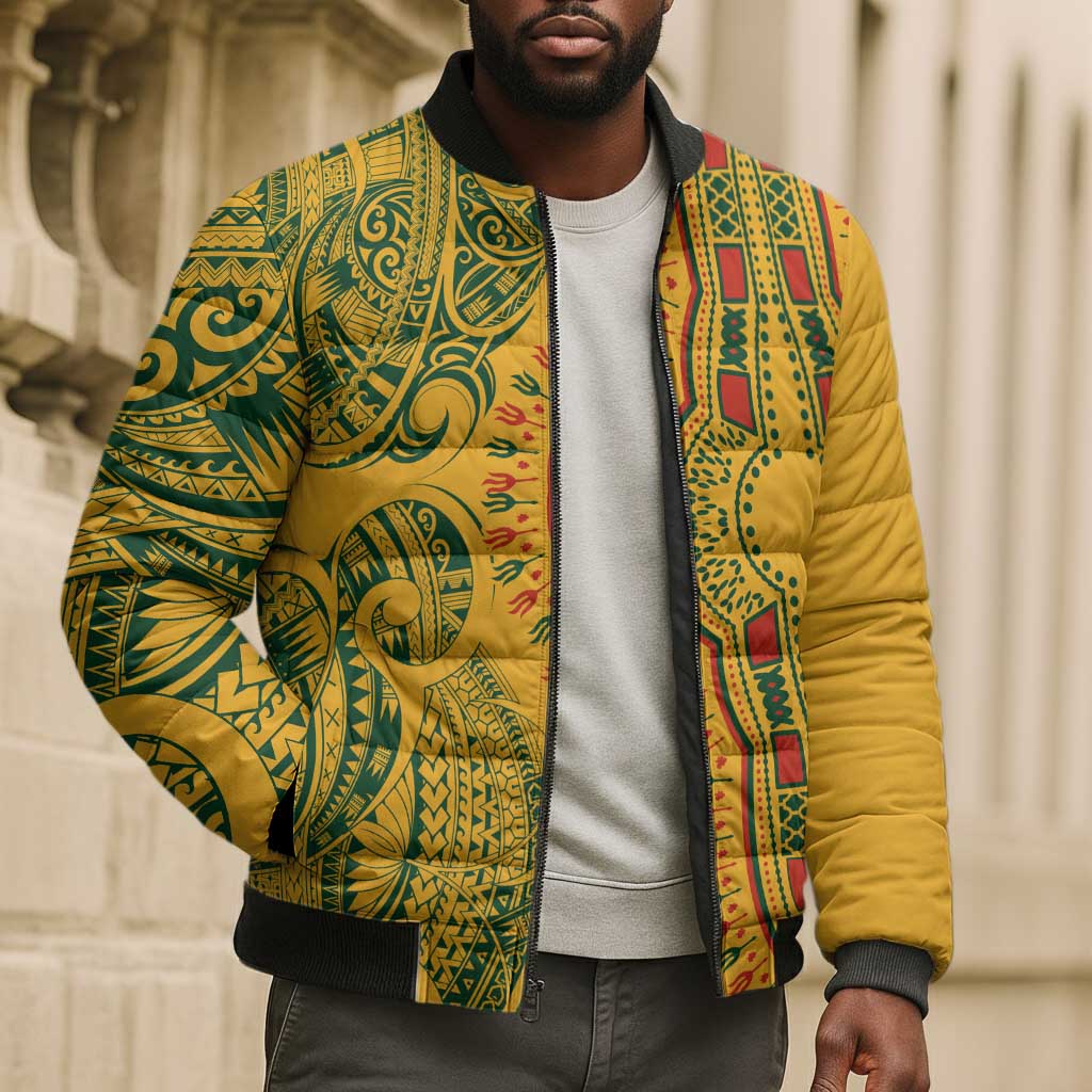 Dashiki and Polynesian Pattern Bomber Puffer Jacket Afro Pacific Culture Gold Version