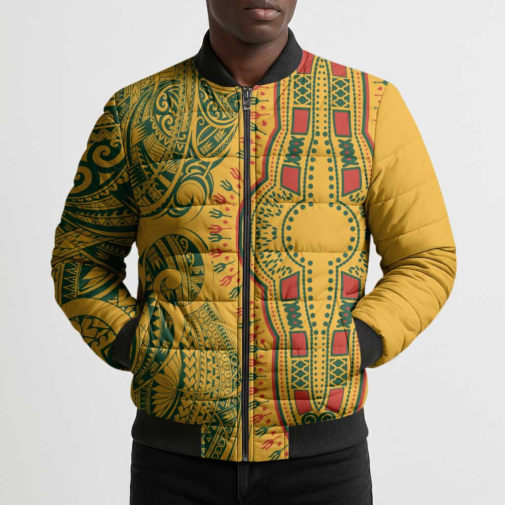 Dashiki and Polynesian Pattern Bomber Puffer Jacket Afro Pacific Culture Gold Version