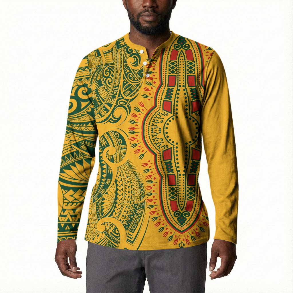 Dashiki and Polynesian Pattern Button Sweatshirt Afro Pacific Culture Gold Version