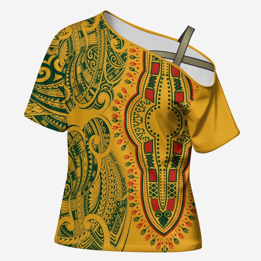 Dashiki and Polynesian Pattern Cross Shoulder Shirt Afro Pacific Culture Gold Version