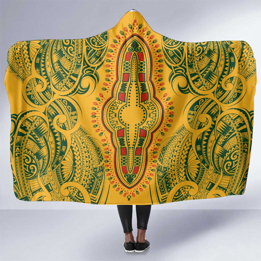 Dashiki and Polynesian Pattern Hooded Blanket Afro Pacific Culture Gold Version