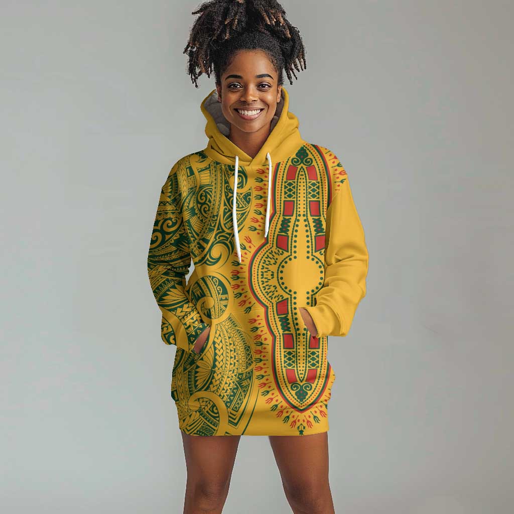 Dashiki and Polynesian Pattern Hoodie Dress Afro Pacific Culture Gold Version