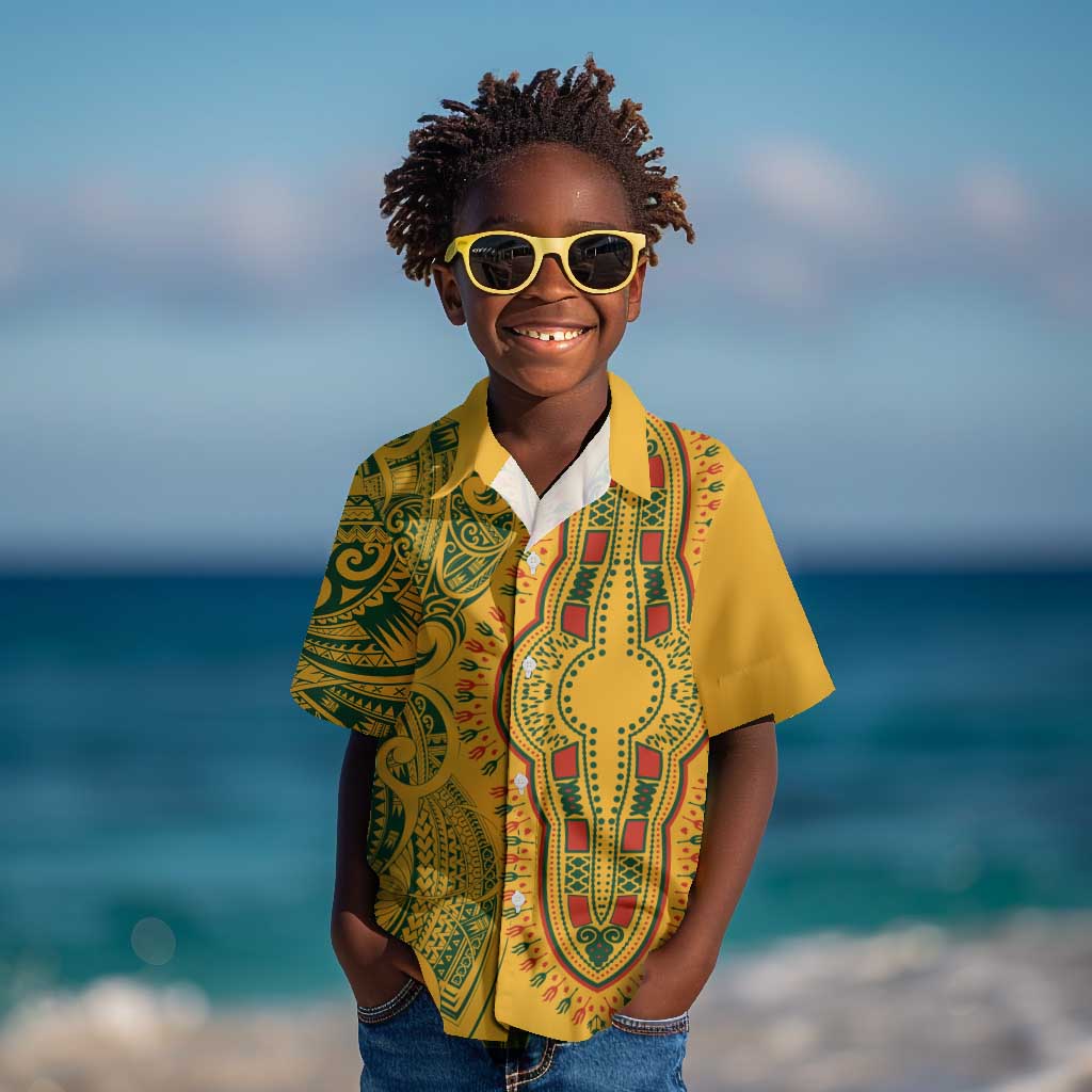 Dashiki and Polynesian Pattern Kid Hawaiian Shirt Afro Pacific Culture Gold Version