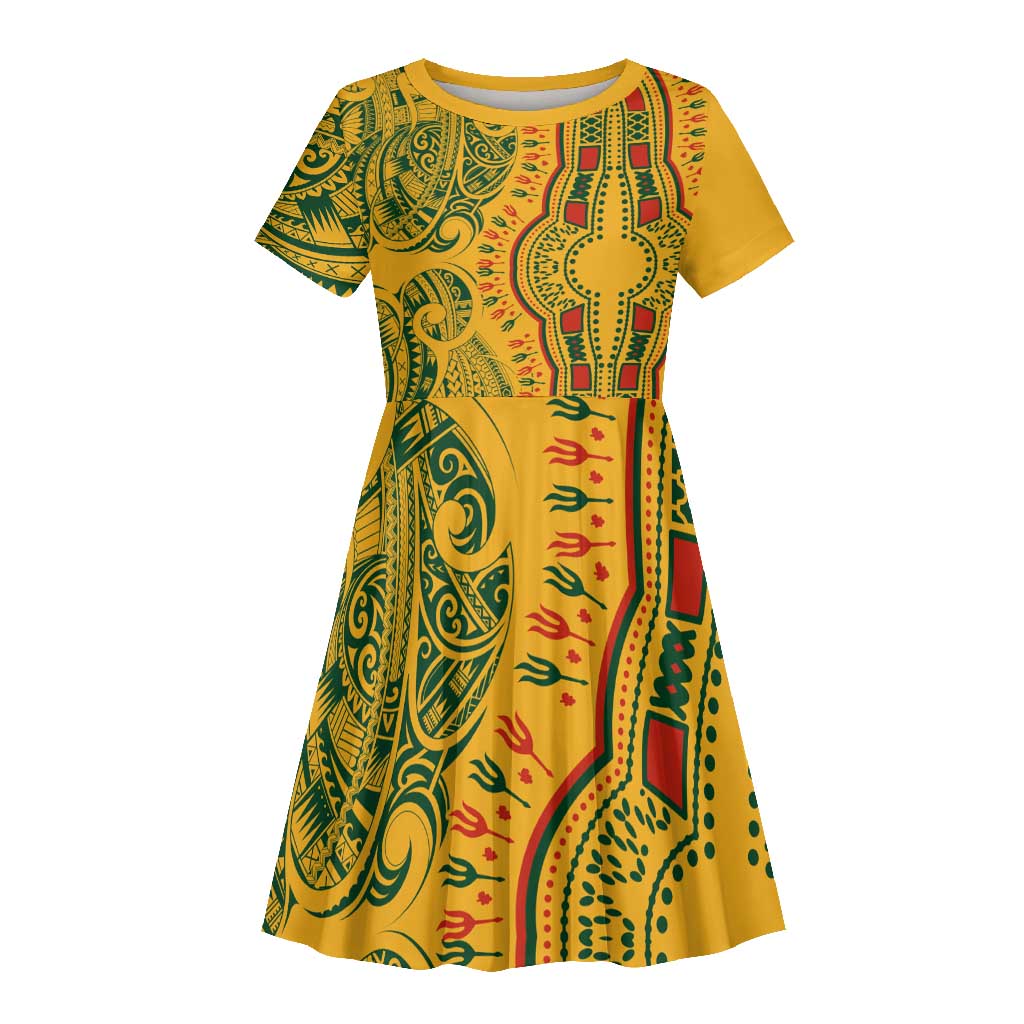 Dashiki and Polynesian Pattern Kid Short Sleeve Dress Afro Pacific Culture Gold Version