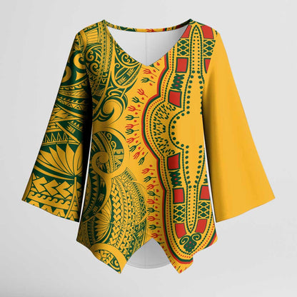 Dashiki and Polynesian Pattern Kimono Sleeve Blouse Afro Pacific Culture Gold Version