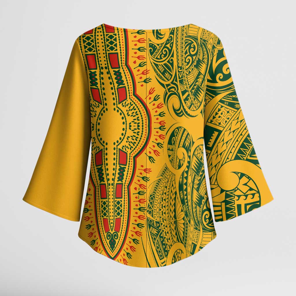 Dashiki and Polynesian Pattern Kimono Sleeve Blouse Afro Pacific Culture Gold Version