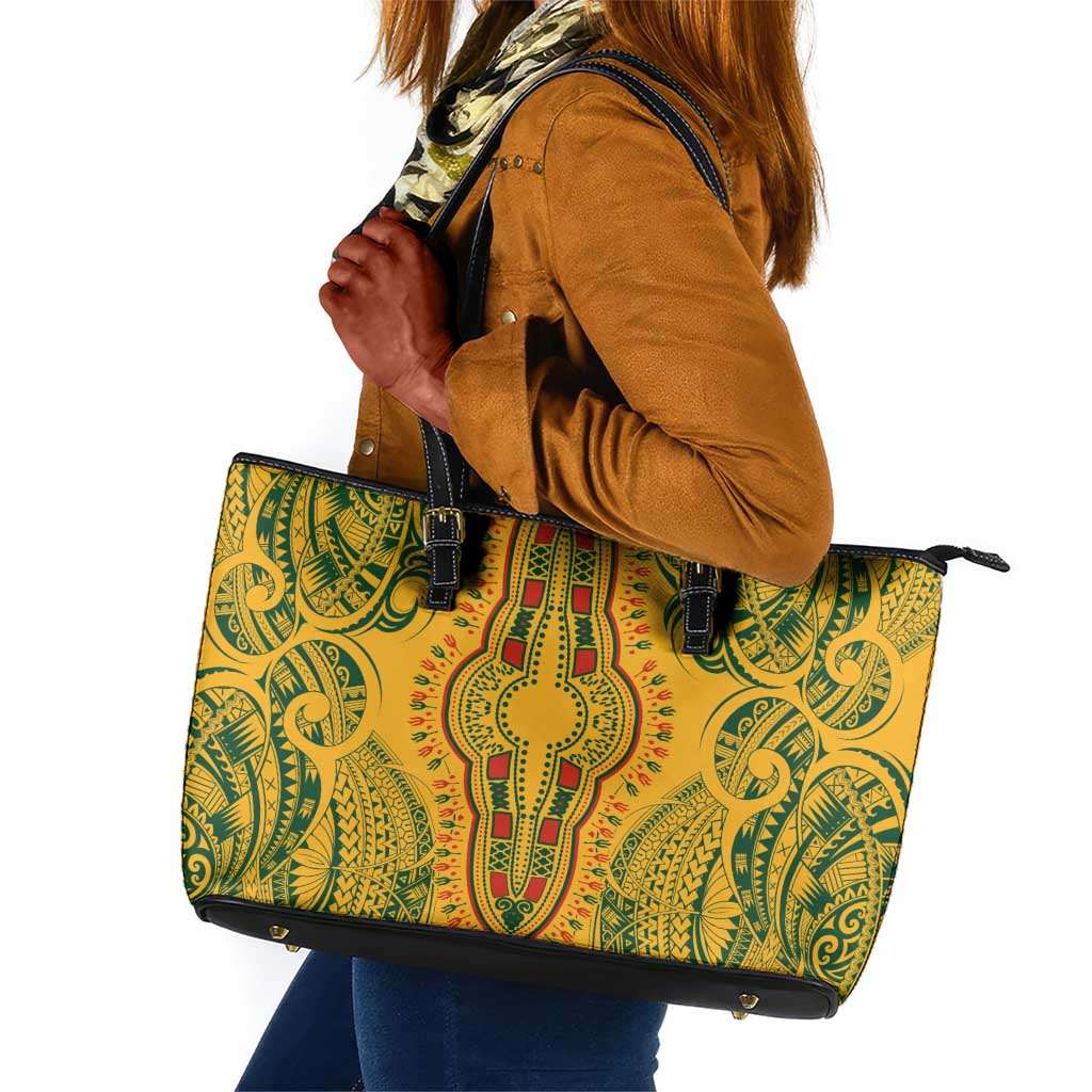 Dashiki and Polynesian Pattern Leather Tote Bag Afro Pacific Culture Gold Version