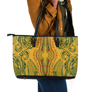 Dashiki and Polynesian Pattern Leather Tote Bag Afro Pacific Culture Gold Version