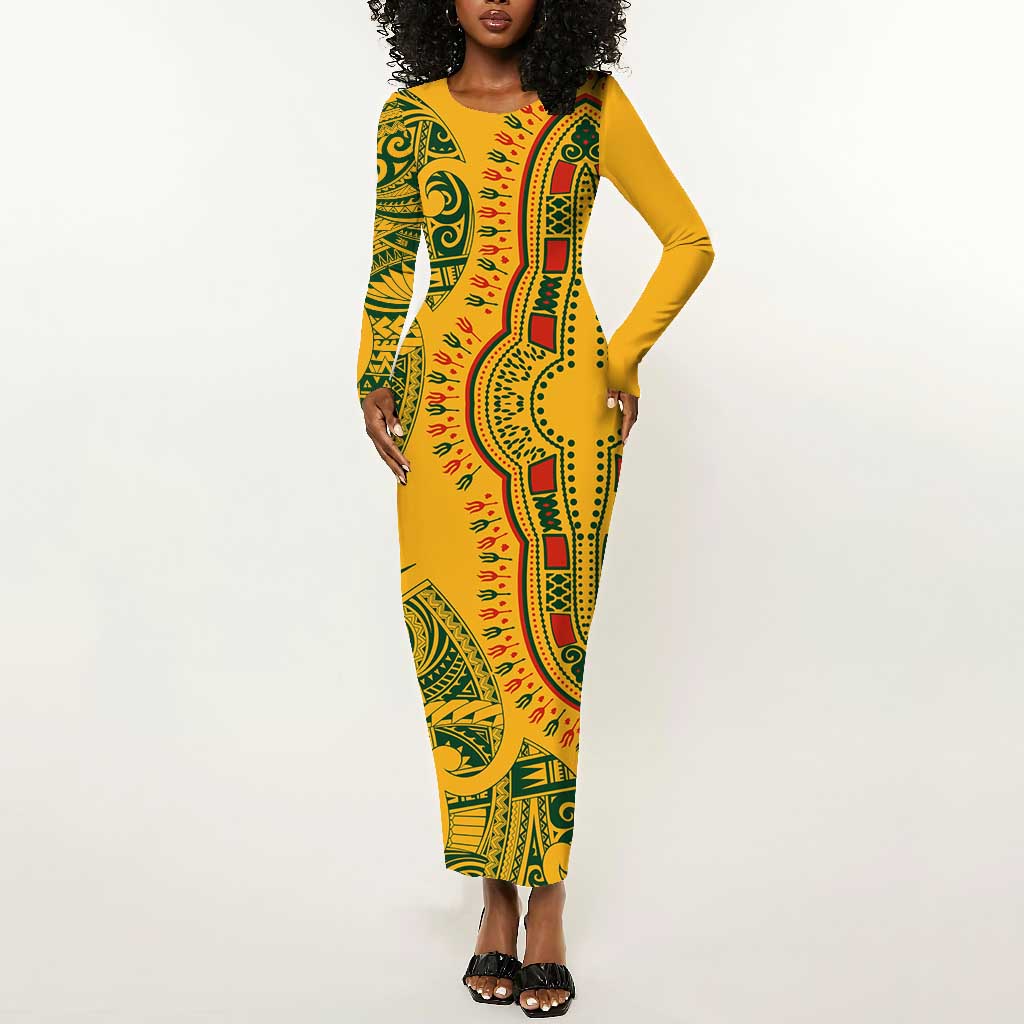 Dashiki and Polynesian Pattern Long Sleeve Bodycon Dress Afro Pacific Culture Gold Version