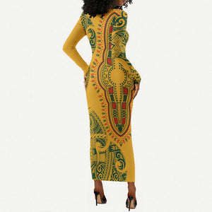 Dashiki and Polynesian Pattern Long Sleeve Bodycon Dress Afro Pacific Culture Gold Version